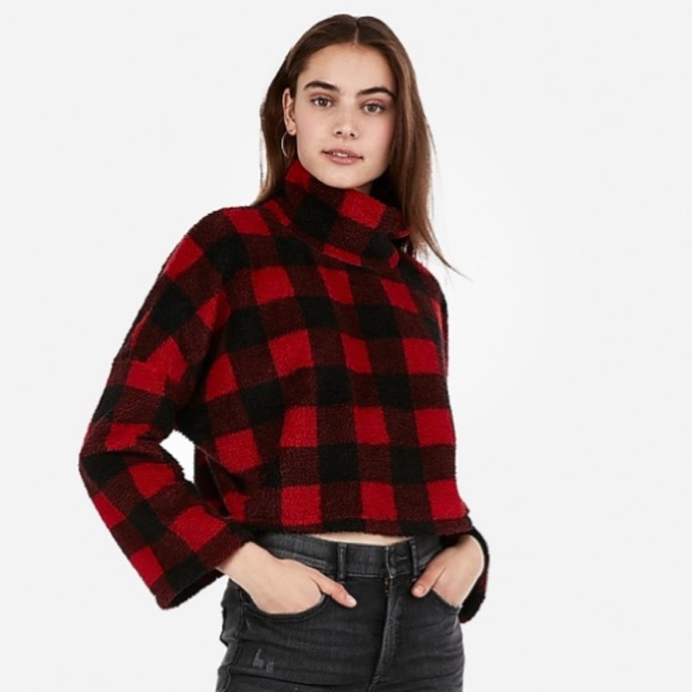 Express Buffalo Check Mock Neck Cropped Sweatshirt